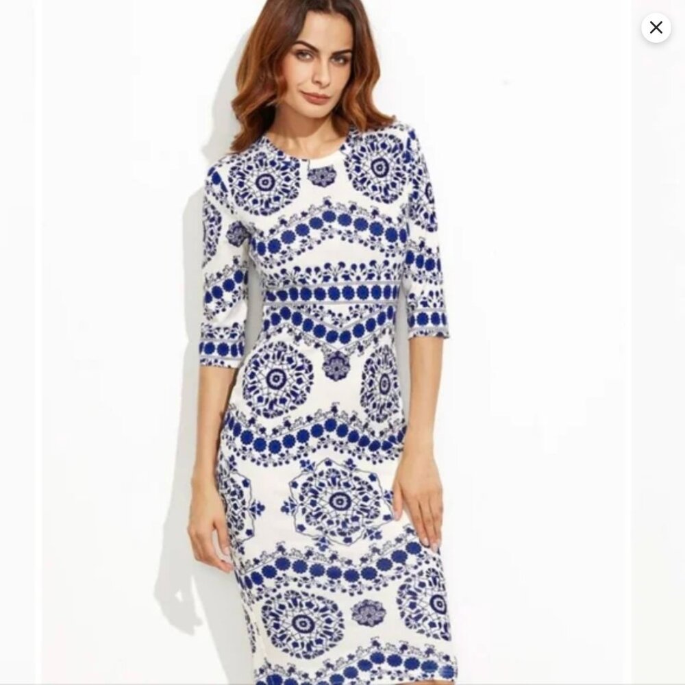 Shein Blue Porcelain Print Midi Dress